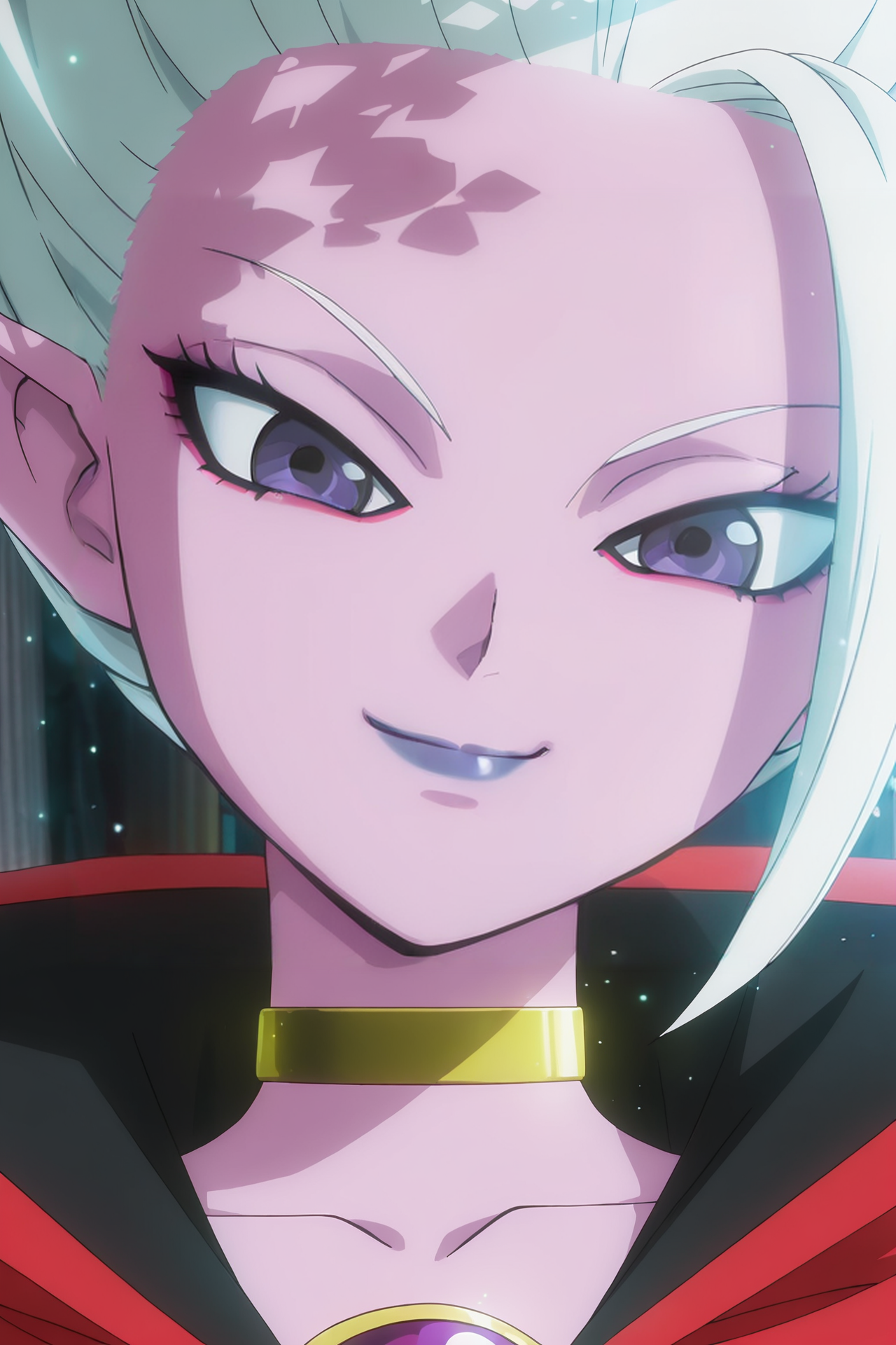 anime screencap, masterpiece, best quality, amazing quality, very aesthetic, absurdres, newest, (scenery, volumetric lighting), official style, dappled sunlight, light particles, light rays,
dr arinsu, official style, anime screencap, 1girl, solo, long hair, white hair, purple eyes, pointy ears, gold choker, collared cape, red cape, two tone cape, head tilt, looking down at viewer, collarbone, blurred background, indoors, makeup, lipstick, pink skin, colored skin, eyeliner, pillar, closed mouth, standing, close-up, smug, v-shaped eyes, smile
 <lora:DrArinsu_IL:0.8>