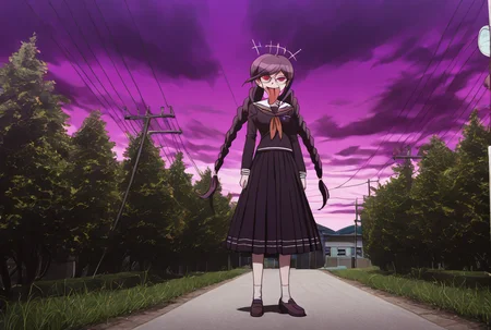 (((solo))), masterpiece, best quality, very aesthetic, modern, modern anime, wide shot , annoyed expression , (((solo))),danganronpa_(series),<lora:Toko_Fukawa_Illustrious:1>, This anime screencap is from Danganronpa the Animation. Genocider Sho has a excited expression . Genocider Sho is enacting a moon walk amid A panoramic view of the person looking up at a cloudy sky with a couple of tall radio antennas in the distance. The sky is a pale white with a faint, light blue tint. The antennas appear as thin, black lines, separated by a large distance. There are trees lining the horizon, blocking the view of the rest of the sky. The trees closest to the viewer are in the foreground, with the tallest branches reaching upwards against the sky. The foreground trees are dark in color. Further back in the distance the trees appear more muted and hazy and appear to be a mix of green and yellow leaves, though they are primarily green. The sky is very hazy, obscuring the lines between the clouds and the trees in the distance. It's a fall day with cool temperatures, and it captures the essence of autumn with the yellowing trees and the muted lighting. Genocider Sho wearing her uniform from Danganronpa 1. Her uniform is purple with a lengthy skirt that extends past her knees. Her long dark purple hair is styled in two braids that extend past her waist. She has large round glasses over her red eyes. Her abnormally large tongue hangs out of her mouth. She is wearing white socks and brown loafers.