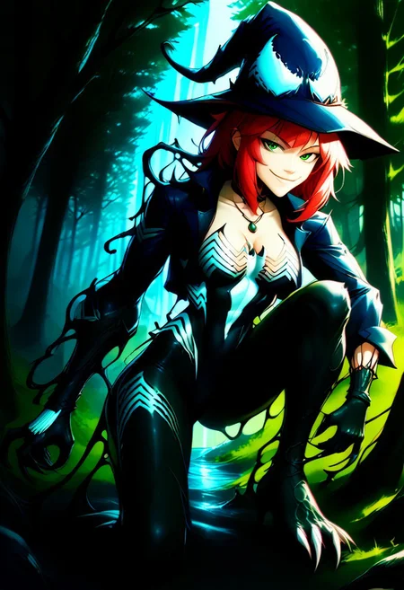 core_9, score_8_up, score_7_up,Stunning 25yo Woman, solo, 1 girl, model bombshell, beautiful, sensual, witch, warlock, Witches hat, wizard hat, white buttoned shirt, black tight pants, heavy blue coat, blue coat, silver necklace, dynamic sexy pose, round butt, long legs, volumetric lighting, long sleeves, vibrant red hair, angular face, sharp green eyes, rolled up sleeves, gloves, exposed forearms, forest background, fantasy forest, cropped jacket, leotard, center cutout black goo, she venom, liquid clothes, symbiote, symbiote teeth, venom_assimilation, gwenom, s1m13073, symbiote hat, claws, subtle muscle, showing skin, hip vents, exposed stomach, river, forest, night, claws, teeth, symbiote tentacles, symbiote webs, symbiote hanging from trees, smug expression, sly smile, InkBlast