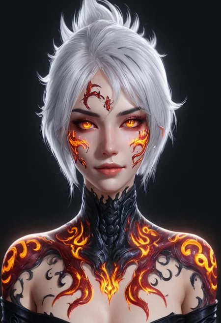 NN_R, riven, human, red eyes, white hair, short hair, folded ponytail, white mark on cheek, white glowing tattoo, epic, tentacles, grin, complex background, armor, ornate, deorated,
(Ink illustration, detailed face, detailed eyes, perfect eyes). A powerful demoness rises from the fiery depths, her skin a vibrant blend of glowing orange and dark crimson ink. Her horns, sharp and twisted, frame her face, where her seductive smile contrasts with her malevolent intent. Her eyes, burning with intense yellow ink, draw in all who dare to look, while her clawed hands, adorned with intricate ink tattoos, promise both pleasure and pain. Her presence is overwhelming, a perfect mix of seduction and terror. Ink splashes, rough ink sketch, moody, gloomy, dark picture, high contrast, stylized.