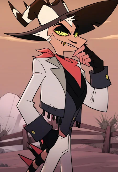 score_9_up, score_8_up, score_7_up, high quality, detailed, male, solo male, StrikerHB, 1boy, mature male, devil, light skin, black eyes, yellow sclera, colored sclera, horns, demon, broad shoulders, athletic build, white hair, mustache, facial hair, standing, half body, outdoors, looking at viewer, grinning, cowboy, cowboy hat, white jacket, red neckerchief, black shirt, white pants, ranch, desert, fence, black fingerless gloves