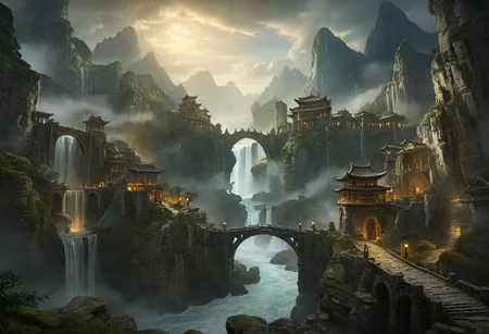 masterpiece, best quality, ultra detailed, professional light, cinematic lighting, ambient lighting, atmospheric effects, epic landscape, fantasy city, ruins, waterfall, mountains, cliff, bridge, Kintsugi, path, clouds