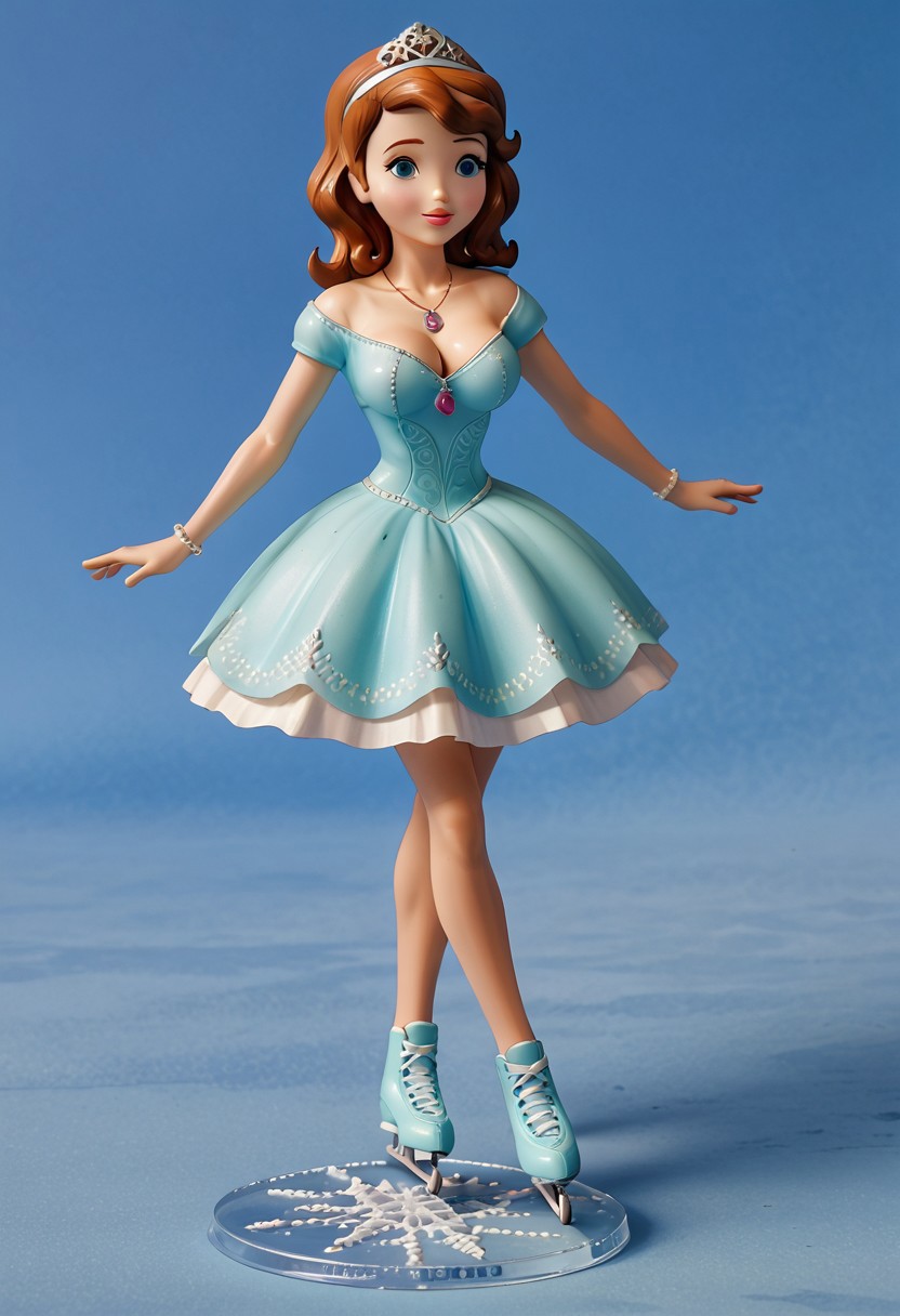 sofia_the_first, necklace, figure skating leotard, dress, on ice rink, large breasts, cleavage