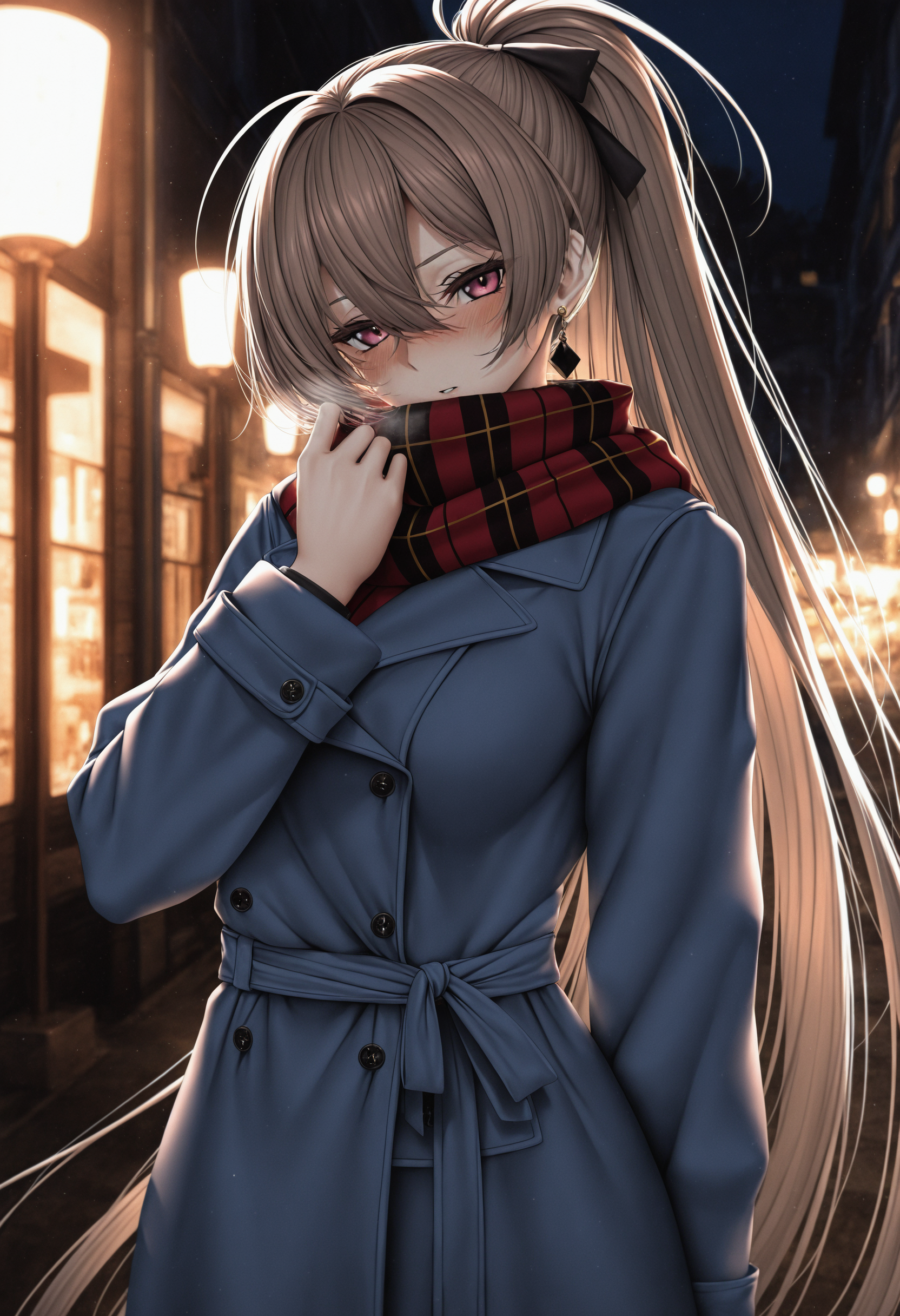 1girl, jean bart \(azur lane\), (eichi \(yashokuya\):0.9), (fouriasensei:0.9), (piromizu:0.8), cowboy shot, facing viewer, street, night, dark, dim lighting, pink eyes, brown hair, ponytail, hair between eyes, earrings, coat, scarf, looking at viewer, blush, masterpiece, best quality, extreme quality, cg, 8k,