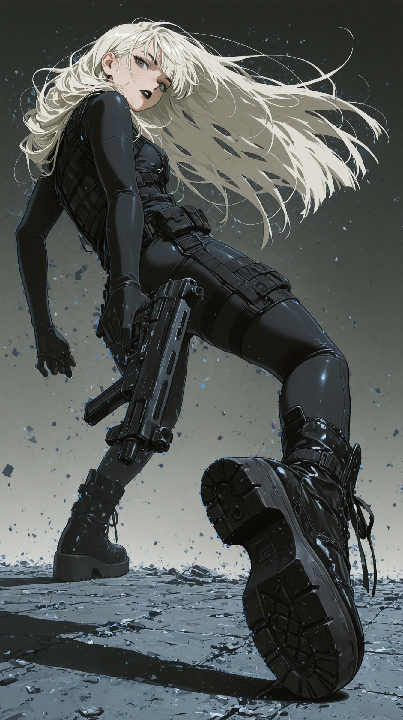 masterpiece, best quality, amazing quality, very aesthetic, absurdres, newest, scenery, anime coloring,
female, solo, platinum blonde hair, long hair, messy hair, hair behind ear, grey eyes, detailed eyes, black eyebrows, black lipstick, parted lips,
black bodysuit, tactical clothes, tactical gear, straps, combat boots, platform boots, black boots,
submachine gun, holding weapon, dynamic pose, arched_leg, looking at viewer, looking back, 
from below, studio_background, grey background, gradient background, cinematic, glitch techs, glitch_background