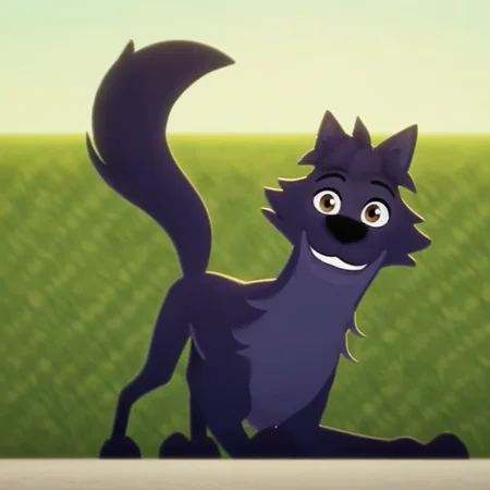Lupin(character), dog, solo, black fur, brown eyes, Head focus, smile, looking at viewer, outside
