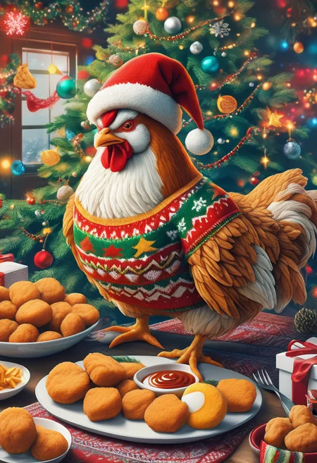 Monstrosity chicken. Eggs. Christmas tree. Chicken nuggets. Deep fried. 
ChristmasSweater, 
Colorful, fun, album art,