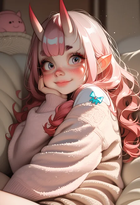 score_9, score_8_up, score_7_up, highly detailed, sharp focus, HD, (1girl:1.4), ((solo)), ((pale skin:1.3)), (cute young oni girl:1.5), small sharp horns, (big expressive eyes:1.3), (soft pink blush:1.2), ((long fluffy pastel pink hair:1.4)), slightly messy hair, shy smile, wearing a cozy sweater, (small black horns:1.3), (pointy ears:1.2), (tiny bat wings:1.2), soft freckles, fantasy-inspired outfit, (Japanese-style modern room:1.4), cozy house interior, warm lighting, sitting on a plush futon, hugging a pillow, cute pose, playful expression, charming, soft anime shading, ultra-detailed fabric folds, elegant color balance, soft glowing ambient light
<lora:Expressive_H:1> <lora:incase-ilff-v3-4:0.6> <lora:MoriiMee_Gothic_Niji_Style_Illustrious_r1:0.7>