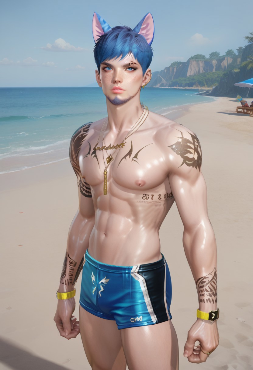 score_9, score_8_up, score_7_up, 1boy, solo, male focus, Feng, man, handsome male, blue hair, short hair, blue eyes, black eyeliner, freckles, piercings, short beard, earrings, toned body, athletic physique, cat ears, young man, dynamic angle, looking at viewer, stunning handsome male model, big pecs, round nipples, slim waist, sexy v-line, pubic hair, gym shorts, slim muscular, gay, homoerotic, confident, abs, pecs, nipples, v-line, pubic hair, outdoors, beach, golden hour, elegant atmosphere, high quality, realistic, hd render,