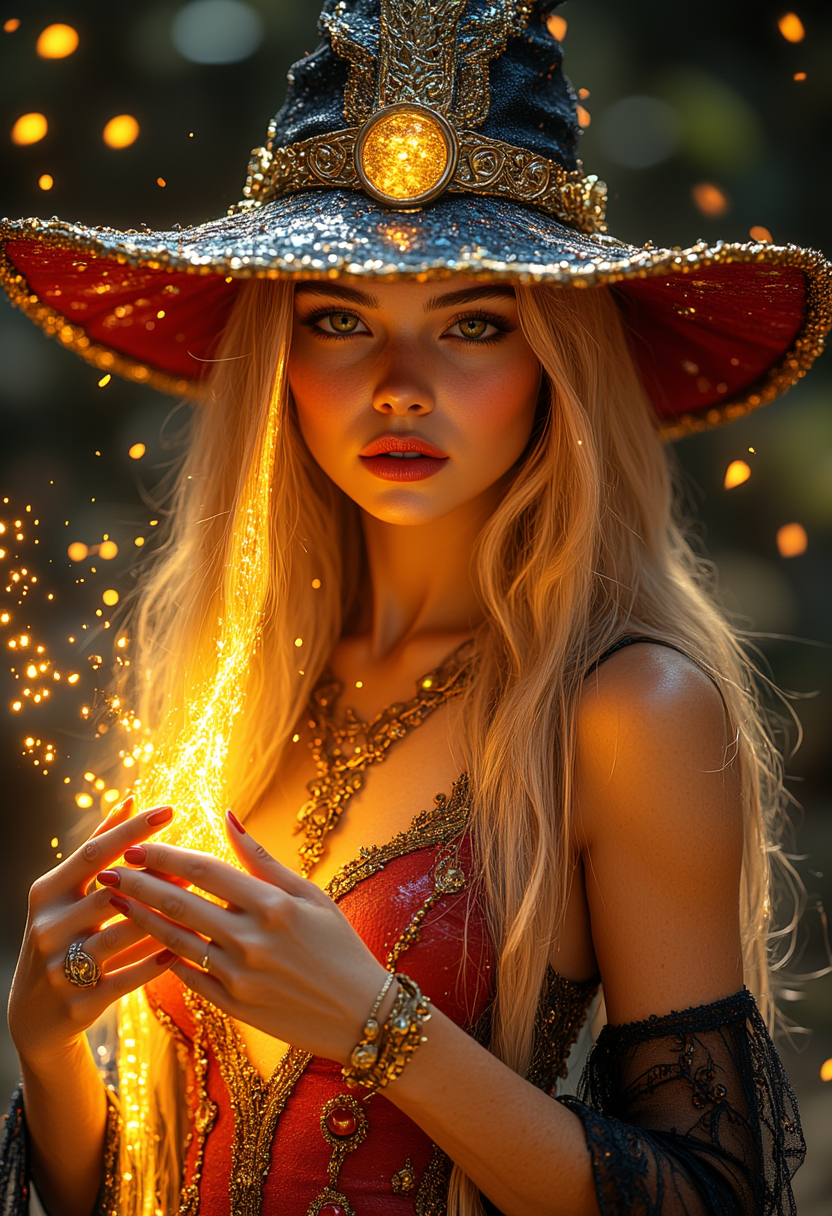 a beautiful woman with long blonde hair wearing a witch hat made of gold and fire, glowing light particles and sparkles in the style of glitter and diamond dust, hyper-realistic fire, fairycore, hkmagic, masterpiece, best quality, highly detailed, sharp focus, dynamic lighting