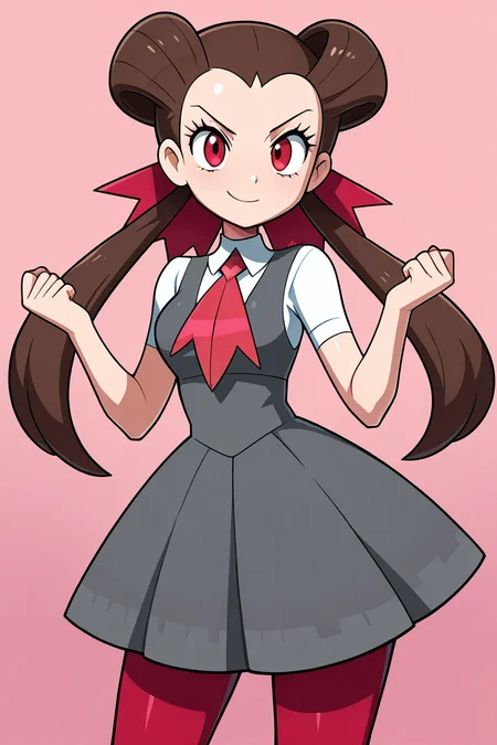 masterpiece, best quality, 1girl, solo, 21 year old model, eyelashes, (beautiful eyes), zzRoxanne, roxanne (pokemon), red eyes, long hair, brown hair, twintails, hair pulled back, pantyhose, ascot, grey dress, short sleeves, ribbon, shirt, hair ribbon, <lora:RoxannePokemonIXL:1.0>, dynamic pose, cowboy shot, smile, looking at viewer, shiny skin,<lora:LandidzuStyleIXL:1.0>,