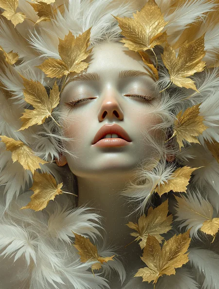An angelic humanoid face surrounded by glitching feathers and renaissance-style golden leaf, their expression serene and dreamlike, with misty textures over translucent skin