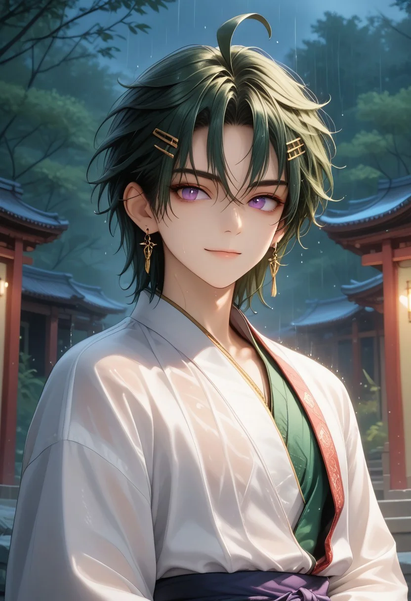 (Masterpiece:1.4), (best quality:1.2), (perfect anatomy), (extreme eye detail) (perfect eyes), (perfect hands), (perfect face),1boy, solo, antherima, solo,dark green hair, hair between eyes, asymmetrical hair parting on left, hair clip on left side, ahoge, medium length bangs, anime reference, purple Eyes, ((slit_pupils)), light_red_eyeshadow, ((1_earstud_left_side)), beaded bracelet, backlit character, looking at viewer, smiling, closed mouth, thin waist, wet, wet clothing, BREAK,
shrine, japanese shrine, bamboo trees, night, nighttime,raining, heavy rain, low light, dark, paved path, moss, extreme detail, detailed scenery, detailed background,