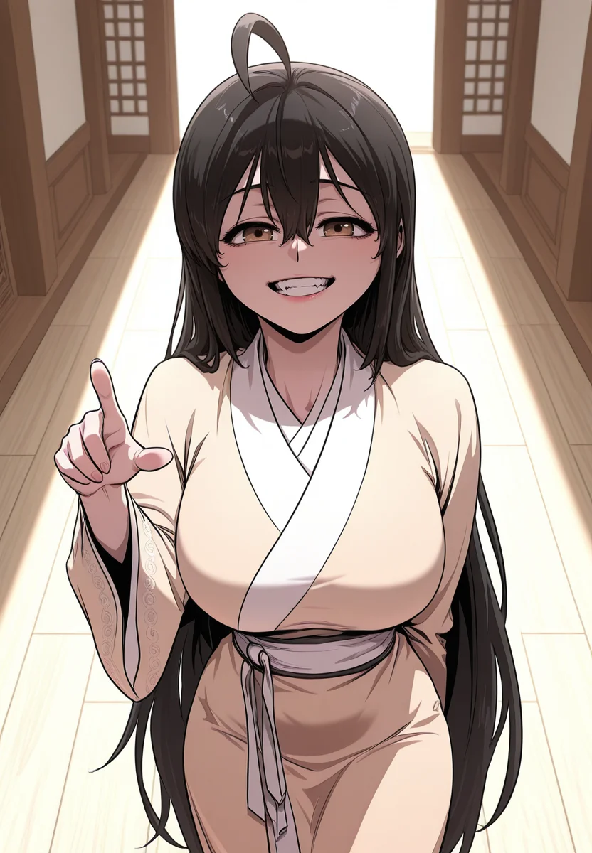zPDXL3, score_9_up, score_8_up, score_7_up, ,Masterpiece,(perfect female body:1.2), small waist, (incredibly detailed:1.4), beautiful fingers, (large breasts:1.2) big breasts, looking at viewer, looking at viewer, wiseol-ah, 1girl, very long hair, black hair, brown eyes, ahoge, hair between eyes, chinese clothes, <lora:Wi_Seol-Ah_-_Childhood_Friend_of_the_Zenith-Kaleid_Illustrious:1> facing viewer, smile, teeth, arm behind back,