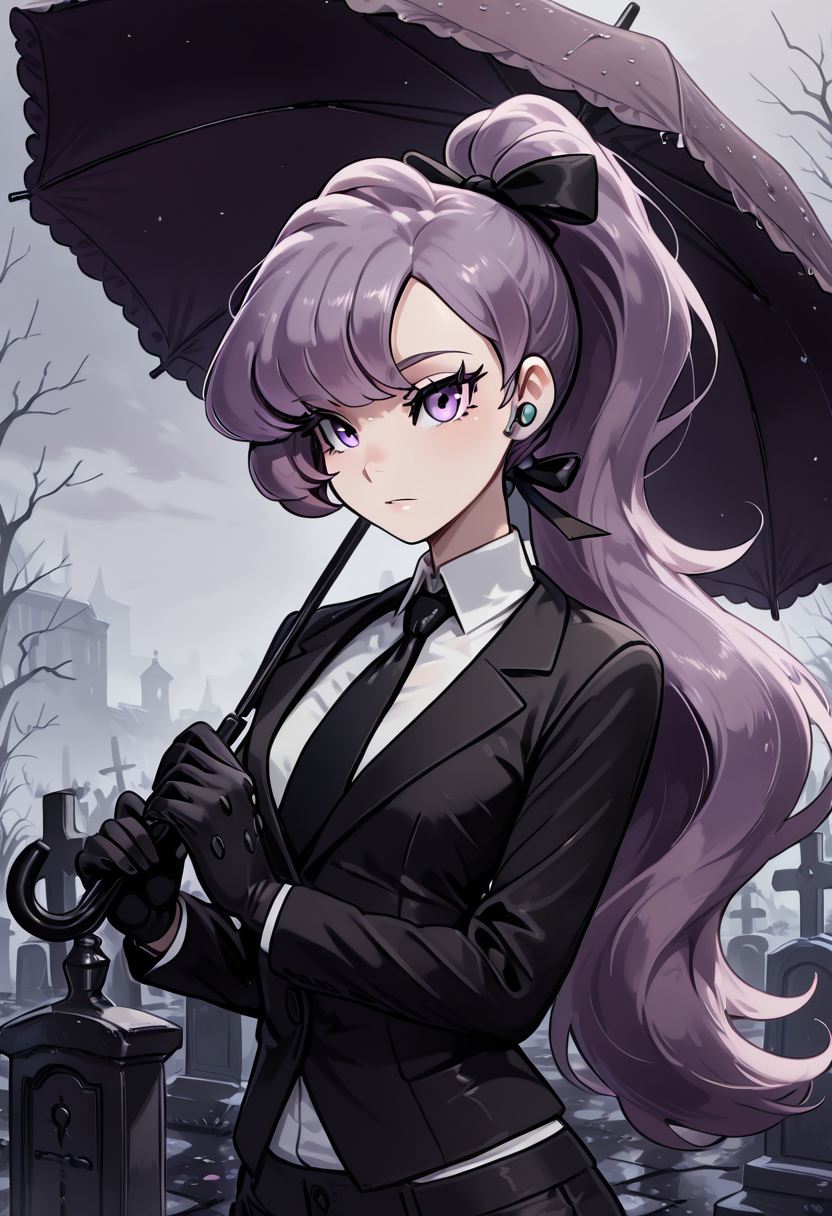 masterpiece, best quality, 1girl, solo, eyelashes, (beautiful eyes),     zzAnabel, purple hair, purple eyes, long hair, ponytail, ribbon, hair ribbon, bangs, black ribbon, black suit, formal, black tie, black gloves, graveyard, overcast sky, holding umbrella, solemn expression â Beneath a gray sky and bare trees, Anabel stands in silence among rows of worn gravestones. Her black suit blends into the gloom, only her vivid purple eyes and flowing hair giving color to the monochrome scene. One gloved hand clutches a sleek umbrella, shielding her from the drizzle. She doesn't cry. She doesnât need to. Her stillness speaks volumes.   , <lora:AnabelPokemon_IXL_v2:1.0>,