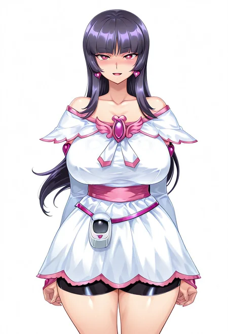 score_9,score_8_up,score_7_up,source_anime,5_figner,2d_animation,game cg,BREKE,1girl,solo,
zzSabrina, red eyes, long hair, blunt bangs, sabrina pokemon, purple hair, black hair,
jewelry,white dress,shorts under dress,cosplay,brooch,bike shorts,collarbone,magical girl,heart brooch,heart,bare shoulders,detached sleeves,cure white,
smile,blush,openmouth,
cowboyshot,standing,
looking at viewer,front view,
huge breasts,thick hips,thick thighs,thick waist,disproportionate breasts,
curves,glamour,
simple background,white background,
masterpiece,best qualit,ultra-detailed,illustration,an extremely delicate and beautiful,beautiful detailed eyes,unity 8k wallpaper,high resolution,anime CG,official_art,Erotic_style, uncensored, anime_coloring, anime_screencap,