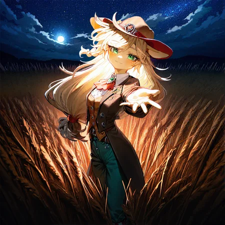 applejack , 1girl, blonde_hair , cloud ,colored_skin, furry, furry_female, long_hair,orange_skin ,outdoors, personification , solo, , wheat_field,Straw ,dot_nose, freckles, green_eyes , medium breast,night, moon, moon light, deep night, galaxy,
green_pants, jacket,long_hair, official_alternate_costume, open_jacket, pants, single_braid, yellow_shirt,adapted_costume , braid ,brooch ,brown_belt, brown_hat, brown_jacket, buttons, cowboy_hat ,detached_collar, knee_boots,  windy, , from side, smile , looking at viewer,head tilt,  reaching towards viewer,
rella, rolua,  quasarcake:0.8, negative space,  very awa,
masterpiece, best quality, Good quality, very aesthetic, absurdres, newest, (Perfect details),
<lora:ponyv5_noobV065S_1_adamW:0.8>, <lora:illustrious_noobai_epsilon_pred_1_best_quality_v1:0.7> ,<lora:illustrious_noobai_epsilon_pred_11_very_aesthetic_v1:0.7> ,<lora:illustrious_noobai_epsilon_pred_1_masterpieces_v1:0.7> , <lora:Straw_thread:1>