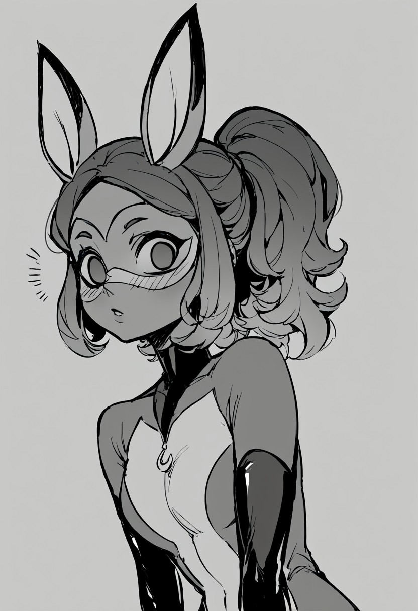 Score_score_9, score_8_up, score_7_up,1girl, monochrome, (empty eyes), staring at viewer, imtdrenar, animal ears, bodysuit, mask, elbow gloves, fox ears, tail, ponytail, skin tight, awe expression, Blush