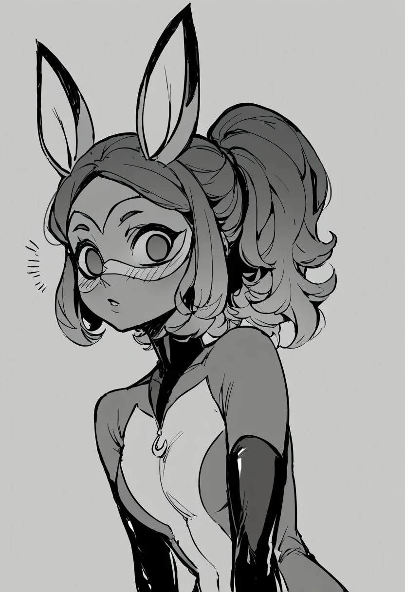 Score_score_9, score_8_up, score_7_up,1girl, monochrome, (empty eyes), staring at viewer, imtdrenar, animal ears, bodysuit, mask, elbow gloves, fox ears, tail, ponytail, skin tight, awe expression, Blush