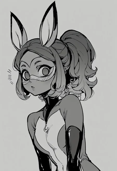 Score_score_9, score_8_up, score_7_up,1girl, monochrome, (empty eyes), staring at viewer, imtdrenar, animal ears, bodysuit, mask, elbow gloves, fox ears, tail, ponytail, skin tight, awe expression, Blush