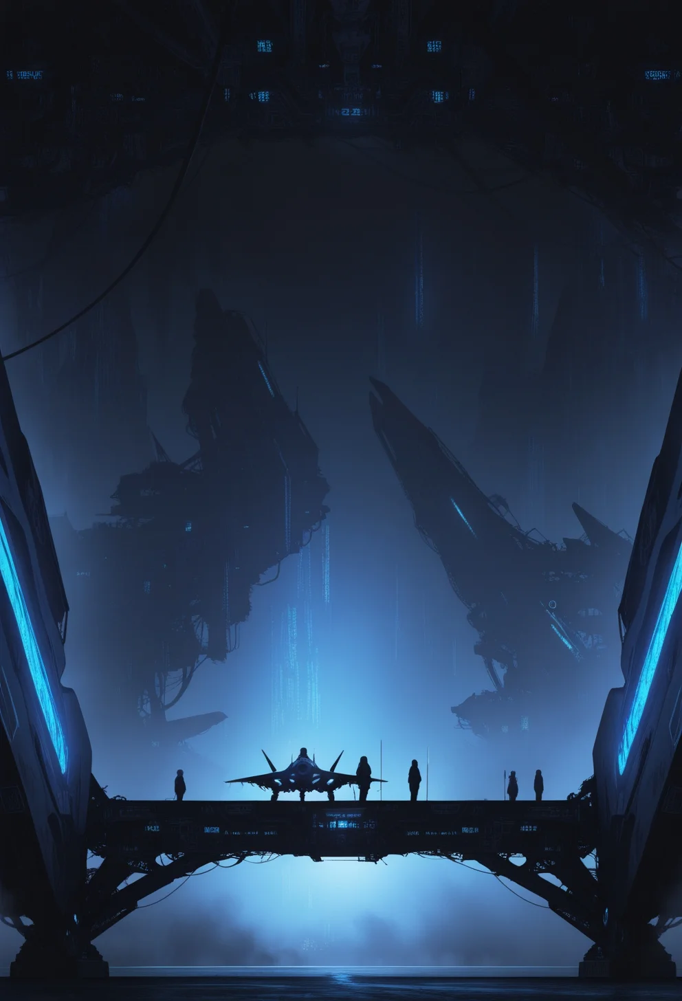 <lora:ck-Sommo-Concept-Art-IL-000012:1>, masterpiece, best quality, good quality, very aesthetic, absurdres, newest, 8K, depth of field, focused subject, a futuristic sci-fi scene featuring a large, dark, mechanical structure with intricate details and glowing blue lights, set against a misty, atmospheric background. A spaceship or aircraft is seen in sideview, next to it a small, solitary figure stands on the platform that is extending from the structure, possibly looking out into the distance. The overall color scheme is cool and muted, with shades of blue, grey, and black dominating the image. The style is detailed with a focus on the contrast between the mechanical elements and the natural, misty environment.
in the style of ckjs
