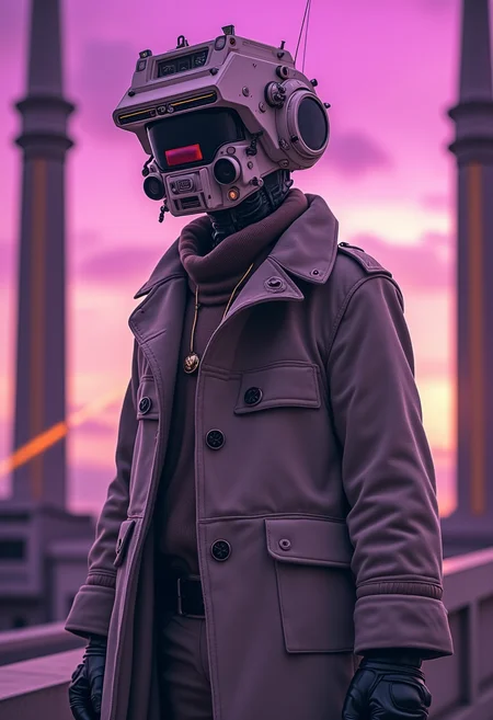 yfg-cehda long grey military coat, wool coat, , wearing open long coat, cyberpunk, (dynamic lighting, orange and purple rim lighting), background, skyscrapers, futuristic towers, columns, violet tint, dynamic lighting, god rays, science fiction, building, scenery, BREAK (PStyl3, chemigram, purple and orange sky, negative space, volumetric clouds)
