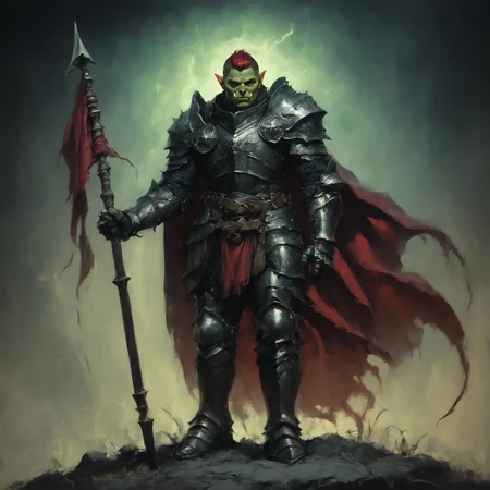 score_9_up, score_8_up, score_7_up,1teen,male,20 y.o, young,green skin, bigger head, red hair, fallen paladin,orc,sexy face,short hair,young, smug,dark fantasy,dark energy, badass, black armor, male focus, armored boots, belt, dark city background, bright red cape, armor, shoulder armor, facing viewer, gauntlets, sheath, pauldrons, sheathed, breastplate, armored boots, greaves, faulds, knight, full armor, holding flag, front view, zPDXL3, domination pose, dark, night, full body, <lora:Dark_Fantasy_Painting__Pony:0.6>, dynamics, glowing armor, Asmodeus, aggresive, closer, <lora:Orc:0.7>, power, oil painting,