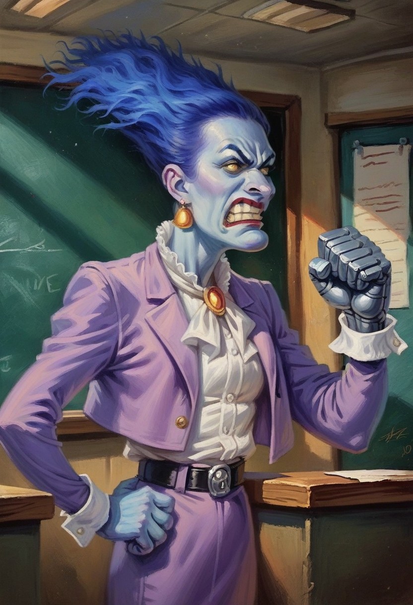 score_9_up, score_8_up, score_7_up, score_6_up, 1girl, solo, HM_Crone, blue hair, blue skin, yellow eyes, purple jacket, white blouse, white cuffs, earrings, bow, belt, purple skirt, metal left hand, clenched left hand, upper body shot, hand on hip, clenched teeth, indoors, in a classroom, (realistic, Painted art)