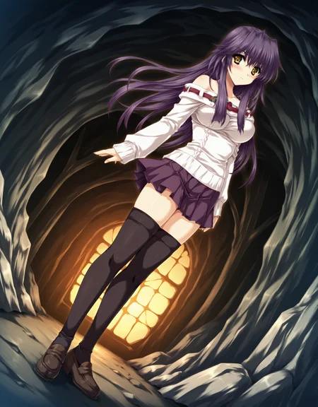 masterpiece,best quality,very aesthetic,zPDXL,
1girl,cave,indoors,dynamic_angle,dynamic_pose,solo,purple hair,long hair,full body,yellow eyes,uncensored,<lora:yae_new-000029:0.8>,blush,standing,1girl,solo,thighhighs,long hair,skirt,purple hair,zettai ryouiki,sweater,breasts,blush,bare shoulders,black thighhighs,yae_d1,loafers,