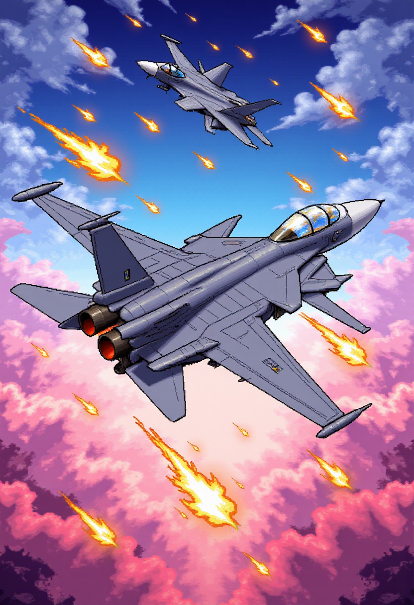 <lora:KFT_2d_Pixel_Style_FLUX-000017:1>
The image is a vibrant kftpxl pixel art illustration featuring    a jet fighter shooting missles in the sky