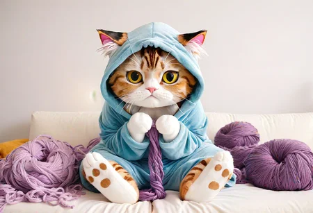 anime waifu, cat onesie, grumpy tabby cat, tangled yarn, pillows, blankets, soft light, relaxed expressions, messy hair, humorous, cozy, detailed, vibrant colors