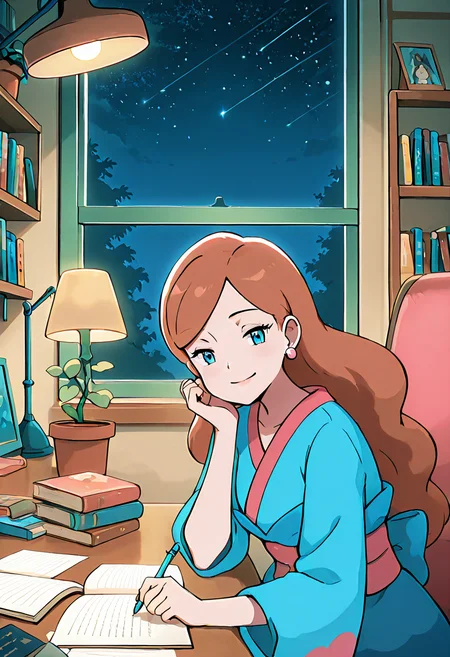 masterpiece, best quality, 1girl, solo, looking at viewer, smile, zzLinnea, blue eyes, brown hair, long hair, earrings, blue kimono, sash, , <lora:LinneaPokemon_IXL_v2:1.0>, , zzLofi, sitting, side view, desk, chair, book, bookshelf, head rest, holding, holding pen, lamp, night, open book, pen, plant, potted plant, sky, star (sky), starry sky, window, windowsill, writing, <lora:LofiGirl_Style_IXL:0.8>,