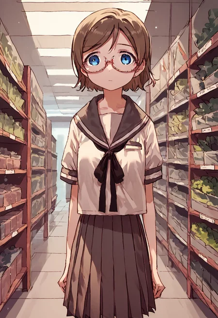 source_anime,score_9, score_8_up, score_7_up, solo focus, (solo), 1girl, flat shading, , you watanabe, blue eyes, brown hair, short hair, swept bangs, glasses, serafuku, school uniform, convenience store background, lonely