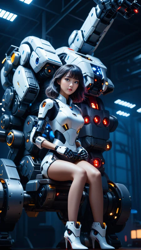 cinematic film still ((full_shot:1)),wide_shot,panorama,cowboy_shot,(a girl sits on the robot arm:1.2),the mecha set wraps around the whole body,(wearing a gray high-heeled shoe with technological light elements:1.2),a girl wearing a mecha style,a set full of technological elements,in the future world of technology,absurdres,detailed,equipped with mechanical high-tech,white robot set with blue accents,this set is equipped with various small tools and lighting,including red and blue glowing details,<lora:JAg:u21.0>, . shallow depth of field, vignette, highly detailed, high budget, bokeh, cinemascope, moody, epic, gorgeous, film grain, grainy