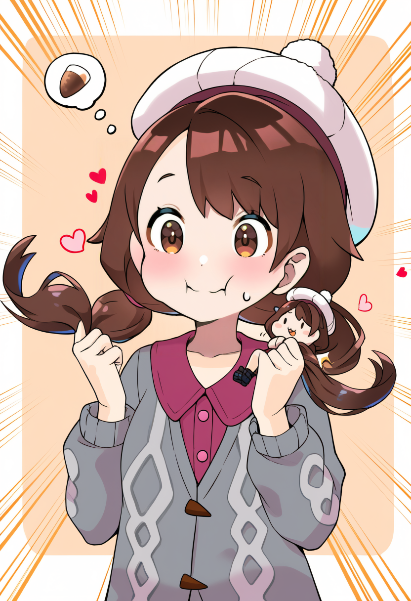 masterpiece, best quality, 1girl, 
meme, red dress, holding, brown hair, white headwear, :3, eating, twintails, dress, long hair, hat, long sleeves, spoken food, grey cardigan, low twintails, cardigan, beret, on shoulder, heart, solid oval eyes, tam o' shanter, sweatdrop, smile, thought bubble, :t, brown eyes, emphasis lines, pink dress, open mouth, eating hair, ^^^, closed eyes
 <lora:akaza:1>