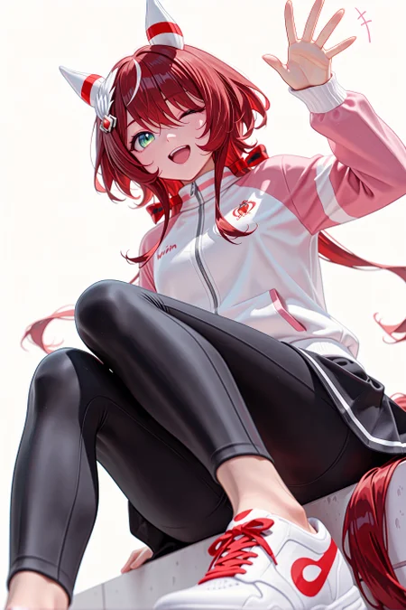 1girl, solo, win variation \(umamusume\), horse girl,
casual, long sleeves, raglan sleeves, track jacket, leggings, black skirt, white footwear, sneakers, white jacket, official alternate costume, pink sleeves,
smile, open mouth, one eye closed,
sitting, waving,
white background, looking at viewer, from below,
<lora:winvariationillv2:0.9>,
masterpiece, best quality, amazing quality, very aesthetic, absurdres, highres, newest, <lora:xl_saturation_slider:0.1>, <lora:add-detail-xl:1>, <lora:illustriousXLv01_stabilizer_v1.164:0.4>, <lora:reduce_wrinkles_illstriouosv0.1_ADDifT_2_in_1_v1.2:0.9>,