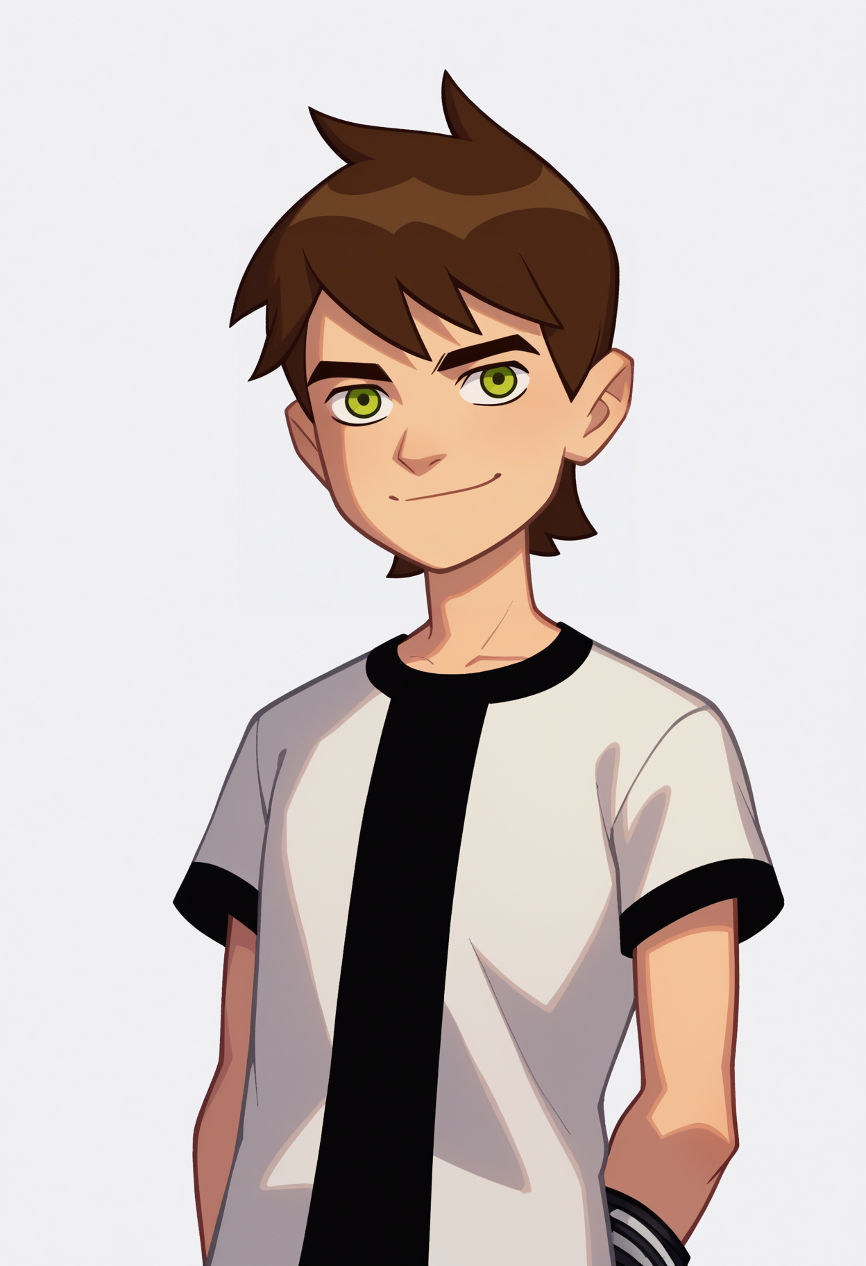 score_9, score_8_up, score_7_up, BREAK
1boy, bentennyson, brown hair, green eyes, 
green cargo pants, shirt,
arms behind back, upper body, smile, looking at viewer, solo, simple background, white background    <lora:Ben10XL_byKonan:1>