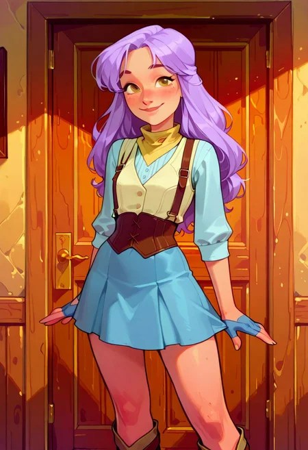 score_9, score_8_up, score_7_up, score_6_up, imogen temult, 25 year old, source_western
cyan dress, cream vest, long purple hair, freckles, yellow scarf, bare legs, ((long)) blue skirt, boots, suspenders, half gloves, long hair
1 girl, standing, inside, cowboy shot, smile
easynegative
ExpresHGothicNeonIncase
4s0r4,