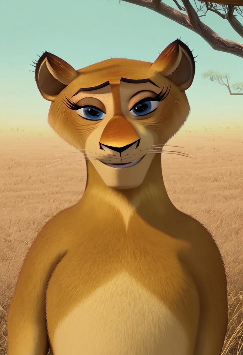 florrie_madagascar, 1girl, female furry, anthro, lioness, golden fur, eyelashes, blue eyes, whiskers, lion tail, score_9_up, score_8_up, score_7_up, looking at viewer, smiling, smug, waving at viewer, female focus, ultra detailed, detailed background, savanna background, masterpiece, best quality, 8k, Expressiveh, realistic, 3d,