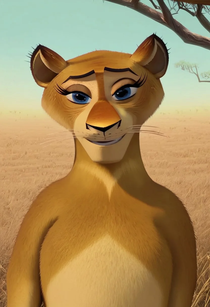 florrie_madagascar, 1girl, female furry, anthro, lioness, golden fur, eyelashes, blue eyes, whiskers, lion tail, score_9_up, score_8_up, score_7_up, looking at viewer, smiling, smug, waving at viewer, female focus, ultra detailed, detailed background, savanna background, masterpiece, best quality, 8k, Expressiveh, realistic, 3d,
