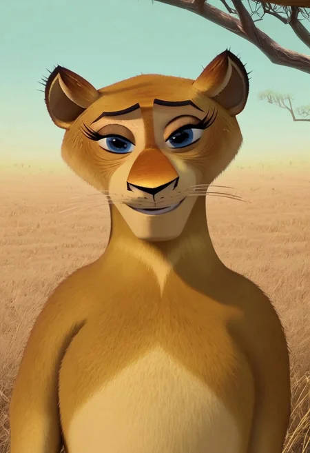 florrie_madagascar, 1girl, female furry, anthro, lioness, golden fur, eyelashes, blue eyes, whiskers, lion tail, score_9_up, score_8_up, score_7_up, looking at viewer, smiling, smug, waving at viewer, female focus, ultra detailed, detailed background, savanna background, masterpiece, best quality, 8k, Expressiveh, realistic, 3d,
