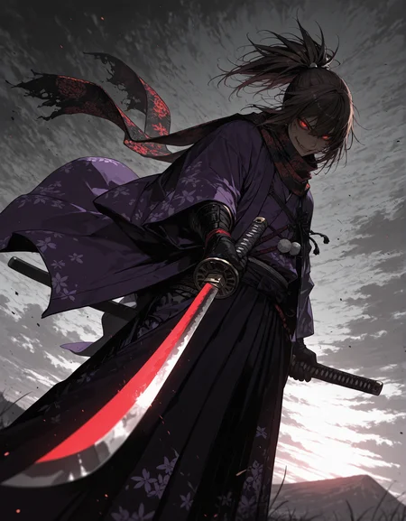 masterpiece, best quality,high quality, newest, highres,8K,HDR,absurdres, 1boy, androgynous, solo, ponytail, long dark brown hair, glowing red eyes, slit pupils, evil smile expression, black and red checker patterned scarf, purple kimono, haori, hakama pants, katana, samurai fantasy battlefield, stormy sky, dynamic pose, intense lighting, detailed background, depth of field, dynamic composition, foreshortening, detailed background, dynamic pose, dynamic composition,dutch angle, detailed backgroud,foreshortening,blurry edges, <lora:iLLMythSmo0thL1nes:1> Smo0thL1nes