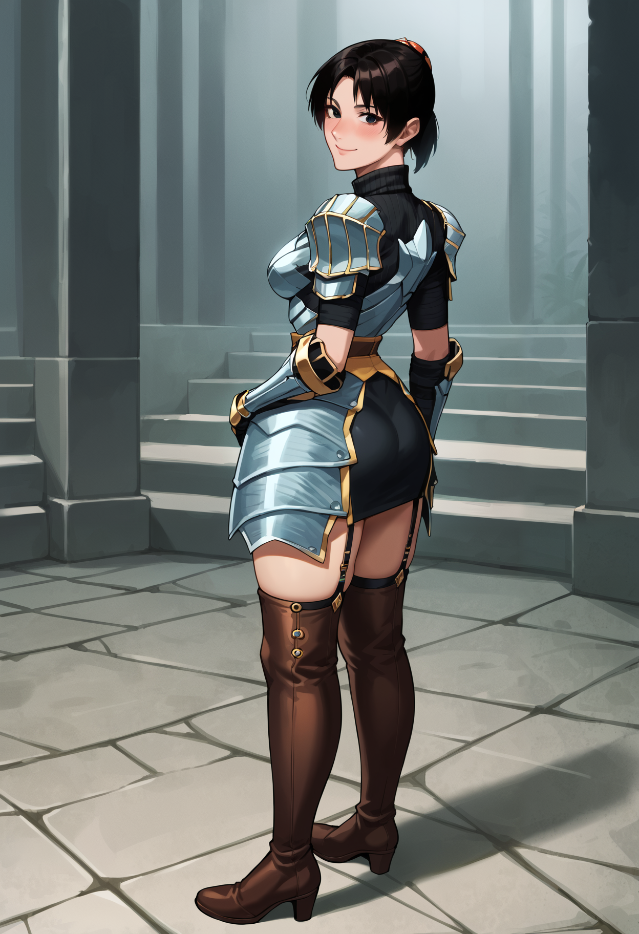 score_9, score_8_up, source_anime
1 girl, solo,
onioyu, short hair, black hair, black eyes, turtleneck, 
onioyu-silver, silver armor, thigh boots, garter straps, gauntlets, brown footwear, pauldrons, zettai ryouiki,
standing, looking at viewer, cowboy shot, from side, looking back, blushing, smile, face focus
masterpiece, best quality, ultra detailed,