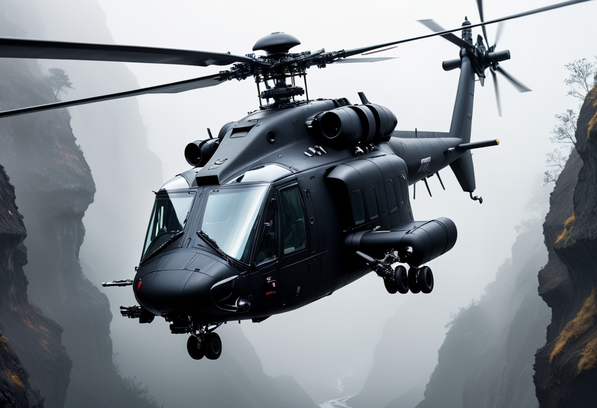(medium full shot) of (stealthy medium-sized black helicopter) with reflective-coating body, turboshaft, segmented body, ethereal auras, set in  flying through a narrow canyon, the helicopter navigating the twists and turns with precision, amid dense fog, ,Masterpiece,best quality, photo, realistic, very aesthetic