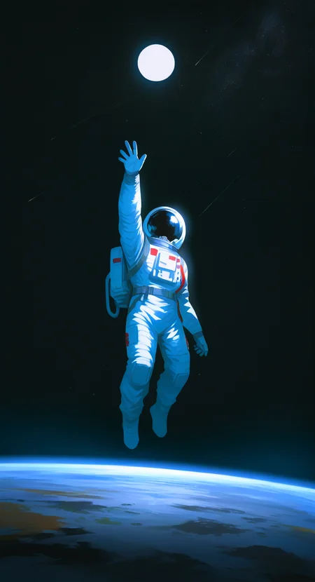 masterpiece, best quality, Good quality, very aesthetic, absurdres, newest, (Perfect details), solo, outdoors, sky, arm_up, night, Earth, helmet, outstretched_arm, 1other, star_\(sky\), night_sky, full_moon, floating, starry_sky, reaching, jumping, space, ambiguous_gender, spacesuit, moonlight, space_helmet, astronaut, black_sky, <lora:ponyv5_noobV065S_1_adamW-000013:0.8> <lora:USNR_STYLE_XL_lokr:0.7>