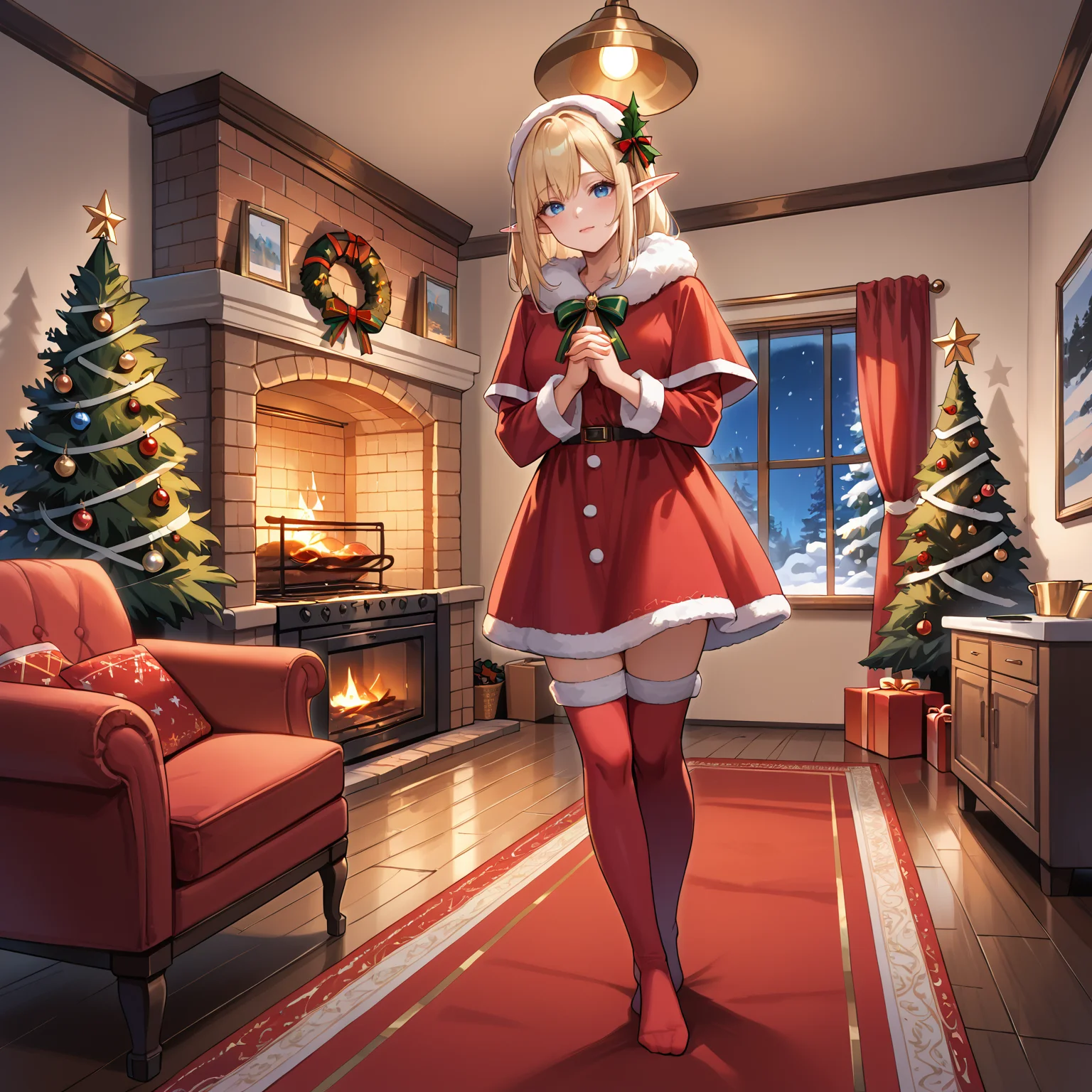 score_9, score_8_up, score_7_up,source_anime, <lora:Christmas living room:0.6> chrlib, scenery, indoors, living room, night, oven, christmas tree, christmas ornaments, red carpet, 1girl, elf, christmas dress, blue eyes, red thighhighs, fur trim, own hands together, snow on head, trembling, dutch angle, cowboy shot, looking at viewer,