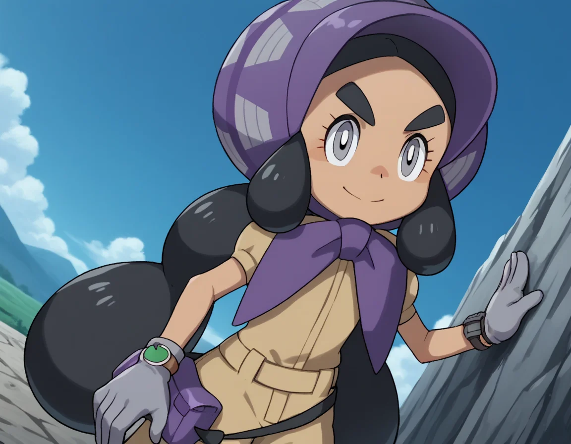 score_9, score_8_up, score_7_up, source_anime,
pokemonhapu, <lora:pokemon-hapu-ponyxl-lora-nochekaiser:1>,
hapu, long hair, black hair, twintails, dark skin, dark-skinned female, grey eyes, thick eyebrows, bright pupils, white pupils,
gloves, short sleeves, belt, black belt, purple headwear, bonnet, grey gloves, jumpsuit,
outdoors, landscape, bent over, smile,
looking at viewer, solo, cowboy shot, dutch angle,