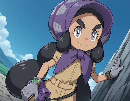 score_9, score_8_up, score_7_up, source_anime,
pokemonhapu, <lora:pokemon-hapu-ponyxl-lora-nochekaiser:1>,
hapu, long hair, black hair, twintails, dark skin, dark-skinned female, grey eyes, thick eyebrows, bright pupils, white pupils,
gloves, short sleeves, belt, black belt, purple headwear, bonnet, grey gloves, jumpsuit,
outdoors, landscape, bent over, smile,
looking at viewer, solo, cowboy shot, dutch angle,