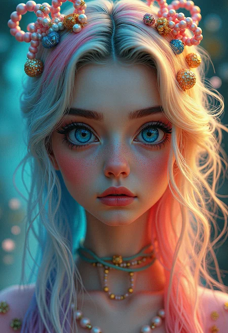 highly detailed, complex composition, woman with pastel rainbow hair, large blue eyes, intricate hairstyle with pearls, glowing background, exaggerated background details, vibrant colors, intricate textures, dynamic lighting, whimsical and magical atmosphere