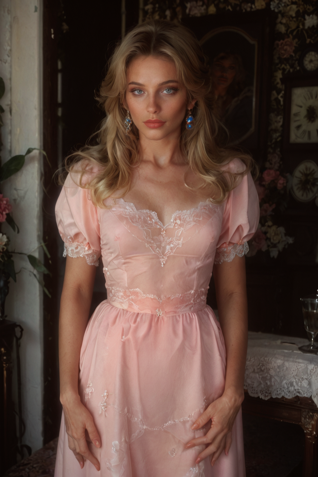 score_9, score_8_up, score_7_up, beautiful face, (princess peach:0.9), solo, (mature:1.2), tall, blonde hair, blue eyes, long hair, pink dress, small breasts, indoors, blush,<lora:Vintage_Photography_Dark_Noir:1>